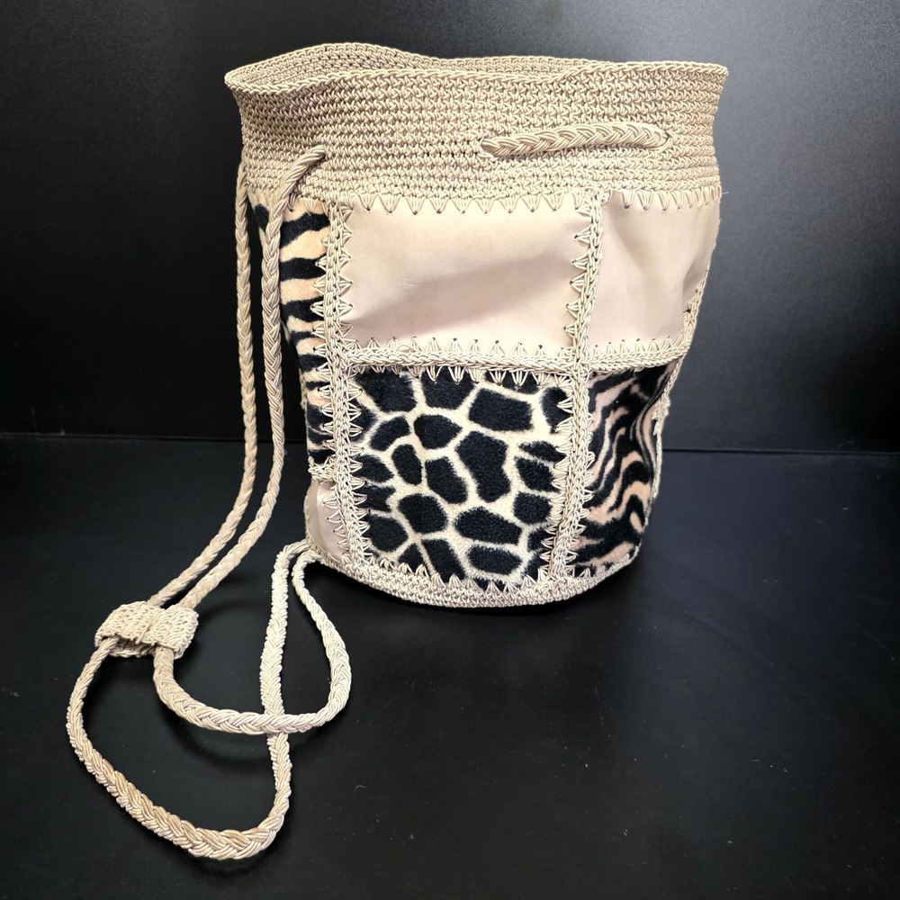 Bucket Bag Womens Medium Beige Animal Print Patchwork Crochet Boho
